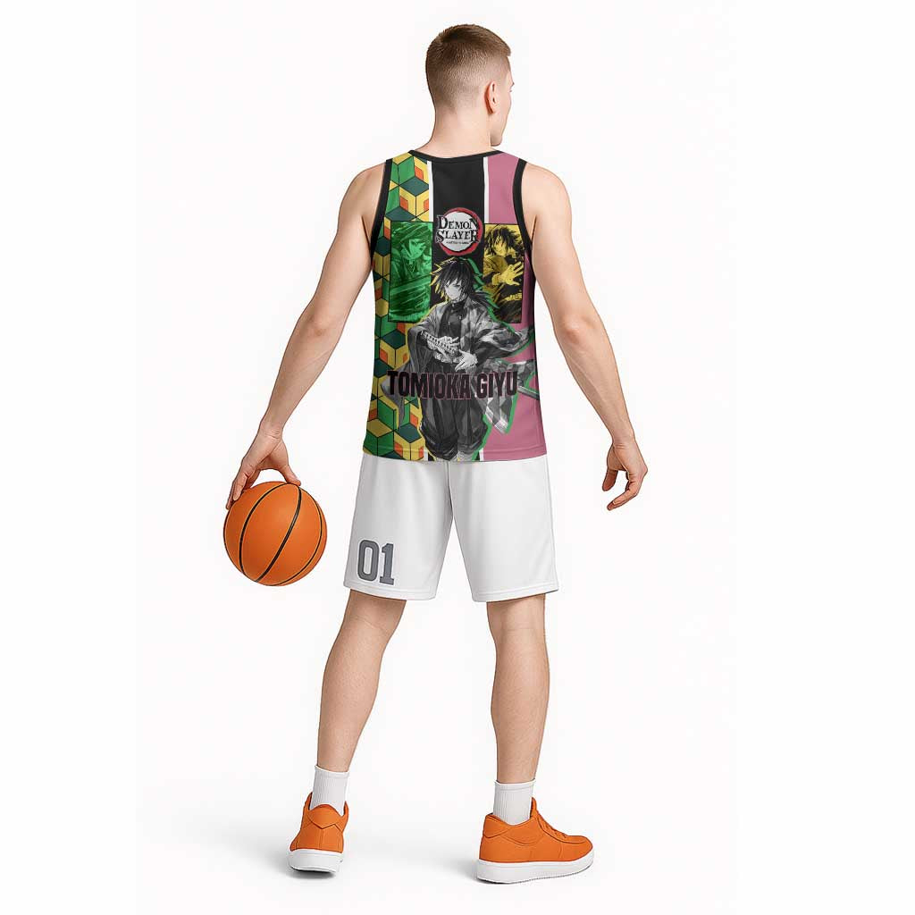 Giyu Tomioka from Demon Slayer Basketball Jersey with Geometric Pattern Sleeve and Pink and Black Manga Panel Design - The Mazicc