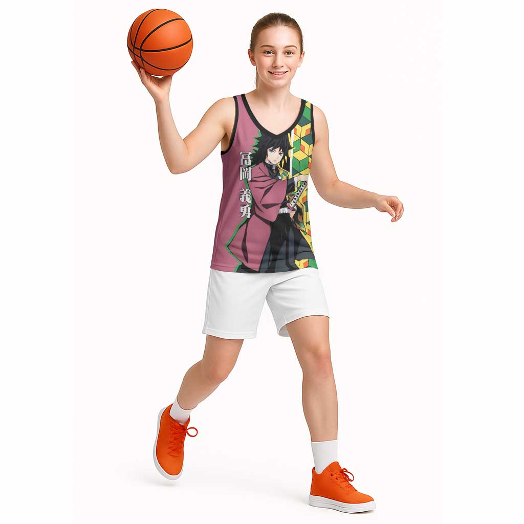 Giyu Tomioka from Demon Slayer Basketball Jersey with Geometric Pattern Sleeve and Pink and Black Manga Panel Design - The Mazicc