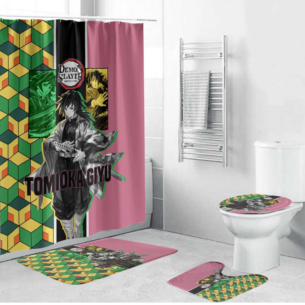 Giyu Tomioka from Demon Slayer Bathroom Set with Geometric Pattern Sleeve and Pink and Black Manga Panel Design - The Mazicc