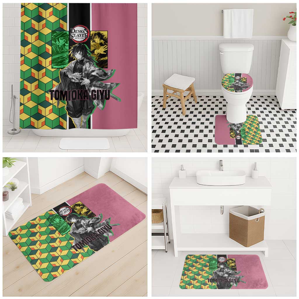 Giyu Tomioka from Demon Slayer Bathroom Set with Geometric Pattern Sleeve and Pink and Black Manga Panel Design - The Mazicc