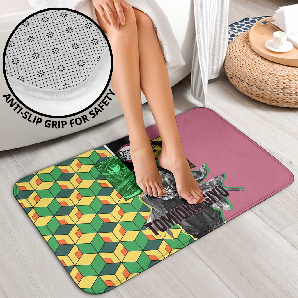 Giyu Tomioka from Demon Slayer Bathroom Set with Geometric Pattern Sleeve and Pink and Black Manga Panel Design - The Mazicc