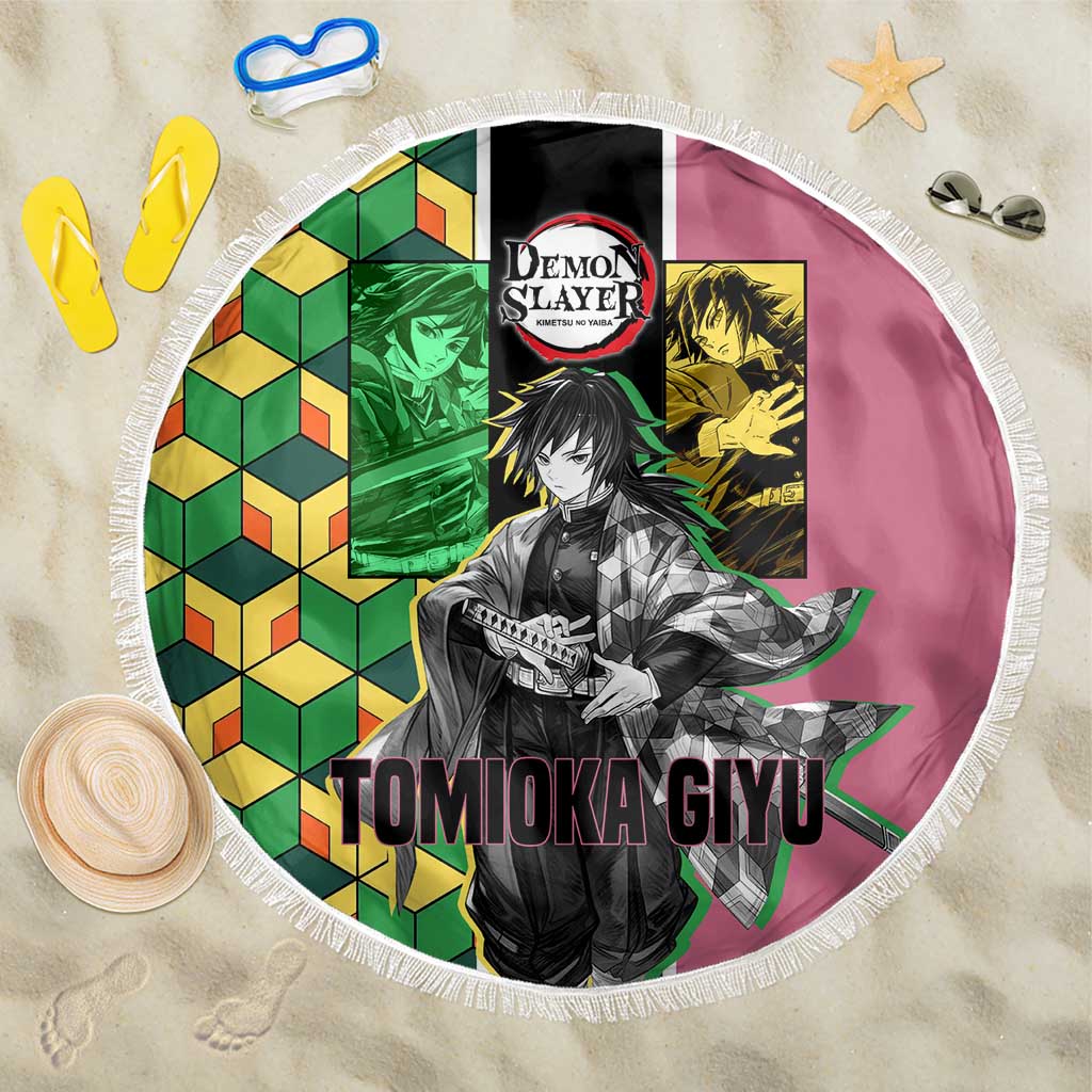 Giyu Tomioka from Demon Slayer Beach Blanket with Geometric Pattern Sleeve and Pink and Black Manga Panel Design - The Mazicc