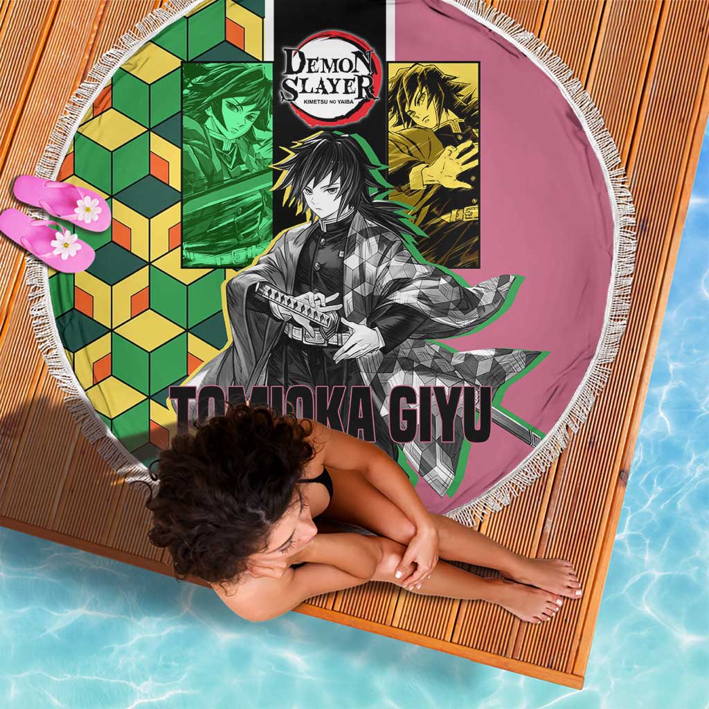 Giyu Tomioka from Demon Slayer Beach Blanket with Geometric Pattern Sleeve and Pink and Black Manga Panel Design - The Mazicc