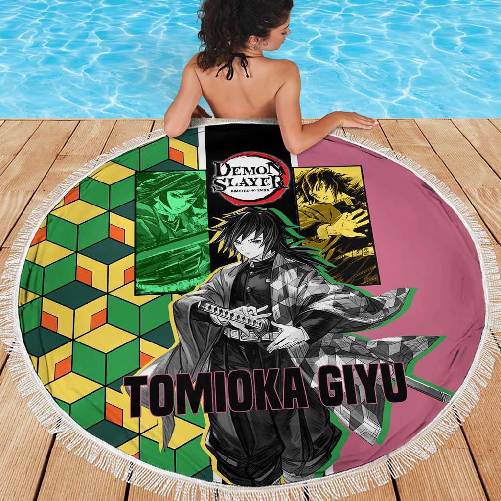 Giyu Tomioka from Demon Slayer Beach Blanket with Geometric Pattern Sleeve and Pink and Black Manga Panel Design - The Mazicc