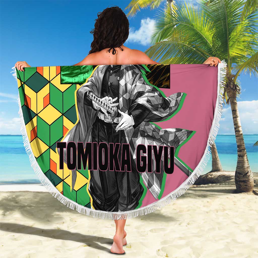 Giyu Tomioka from Demon Slayer Beach Blanket with Geometric Pattern Sleeve and Pink and Black Manga Panel Design - The Mazicc