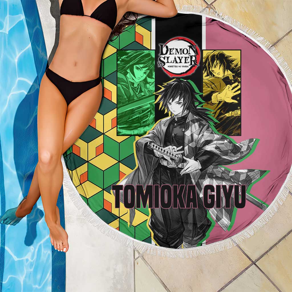 Giyu Tomioka from Demon Slayer Beach Blanket with Geometric Pattern Sleeve and Pink and Black Manga Panel Design - The Mazicc