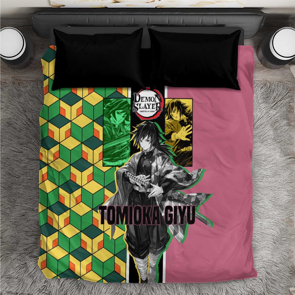 Giyu Tomioka from Demon Slayer Bedding Set with Geometric Pattern Sleeve and Pink and Black Manga Panel Design - The Mazicc