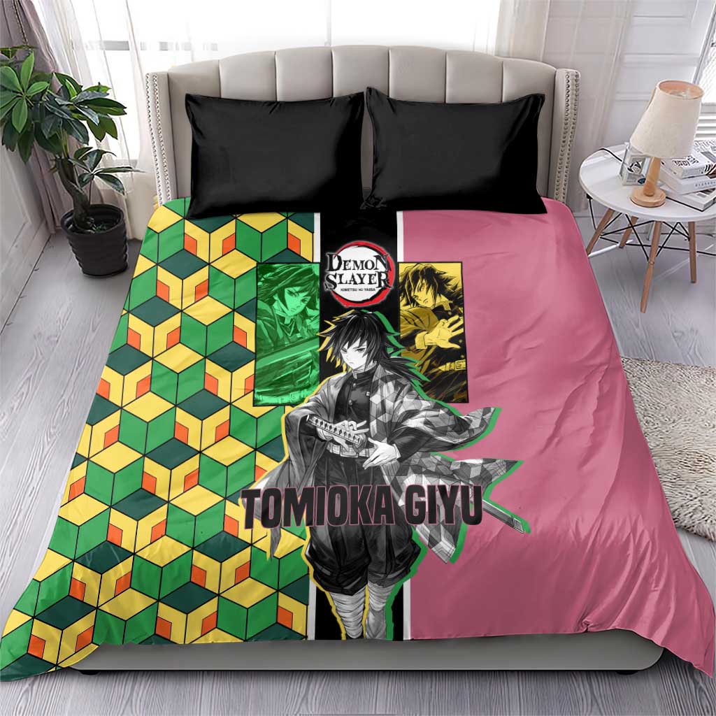 Giyu Tomioka from Demon Slayer Bedding Set with Geometric Pattern Sleeve and Pink and Black Manga Panel Design - The Mazicc