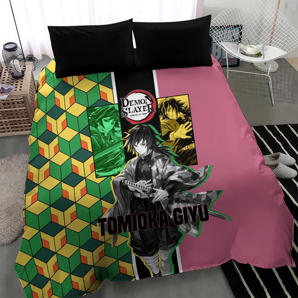 Giyu Tomioka from Demon Slayer Bedding Set with Geometric Pattern Sleeve and Pink and Black Manga Panel Design - The Mazicc