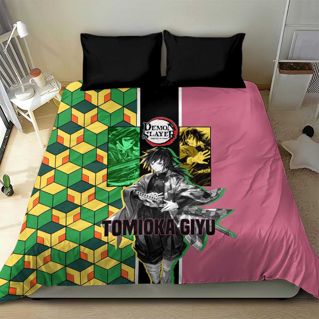 Giyu Tomioka from Demon Slayer Bedding Set with Geometric Pattern Sleeve and Pink and Black Manga Panel Design - The Mazicc