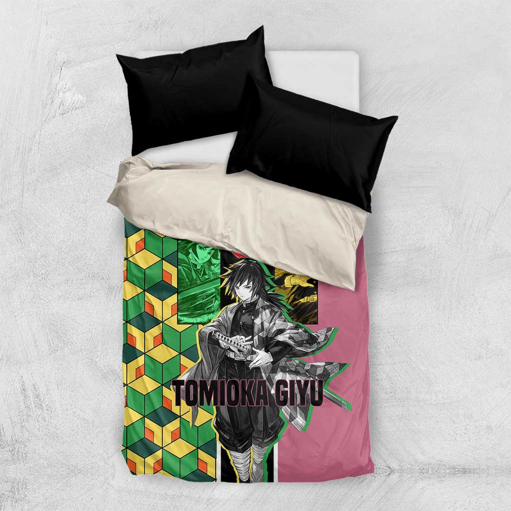 Giyu Tomioka from Demon Slayer Bedding Set with Geometric Pattern Sleeve and Pink and Black Manga Panel Design - The Mazicc