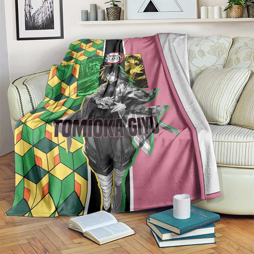 Giyu Tomioka from Demon Slayer Blanket with Geometric Pattern Sleeve and Pink and Black Manga Panel Design - The Mazicc