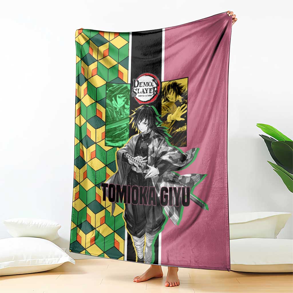Giyu Tomioka from Demon Slayer Blanket with Geometric Pattern Sleeve and Pink and Black Manga Panel Design - The Mazicc