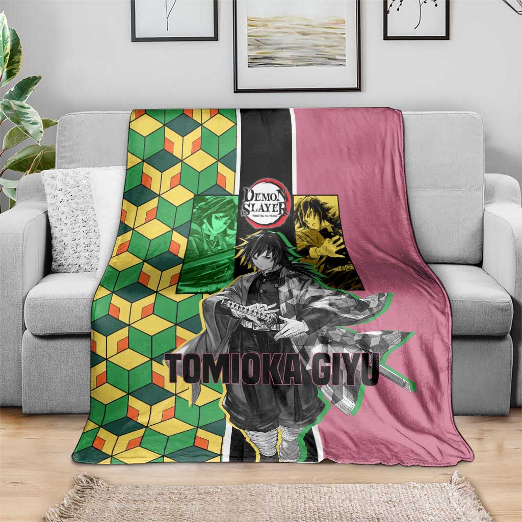 Giyu Tomioka from Demon Slayer Blanket with Geometric Pattern Sleeve and Pink and Black Manga Panel Design - The Mazicc
