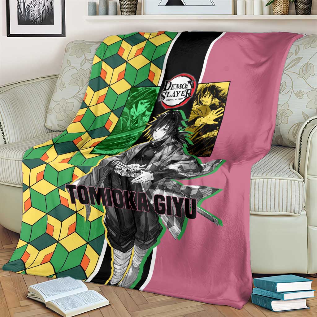 Giyu Tomioka from Demon Slayer Blanket with Geometric Pattern Sleeve and Pink and Black Manga Panel Design - The Mazicc