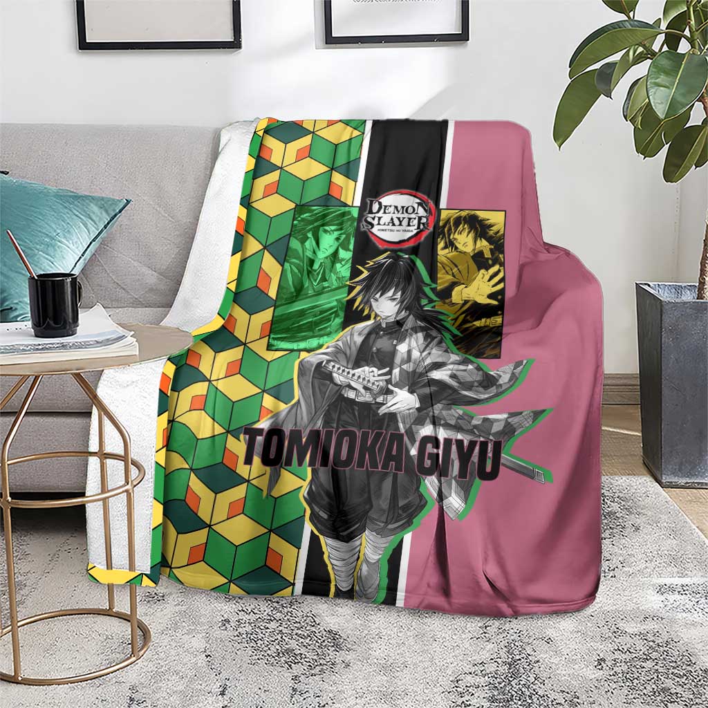 Giyu Tomioka from Demon Slayer Blanket with Geometric Pattern Sleeve and Pink and Black Manga Panel Design - The Mazicc