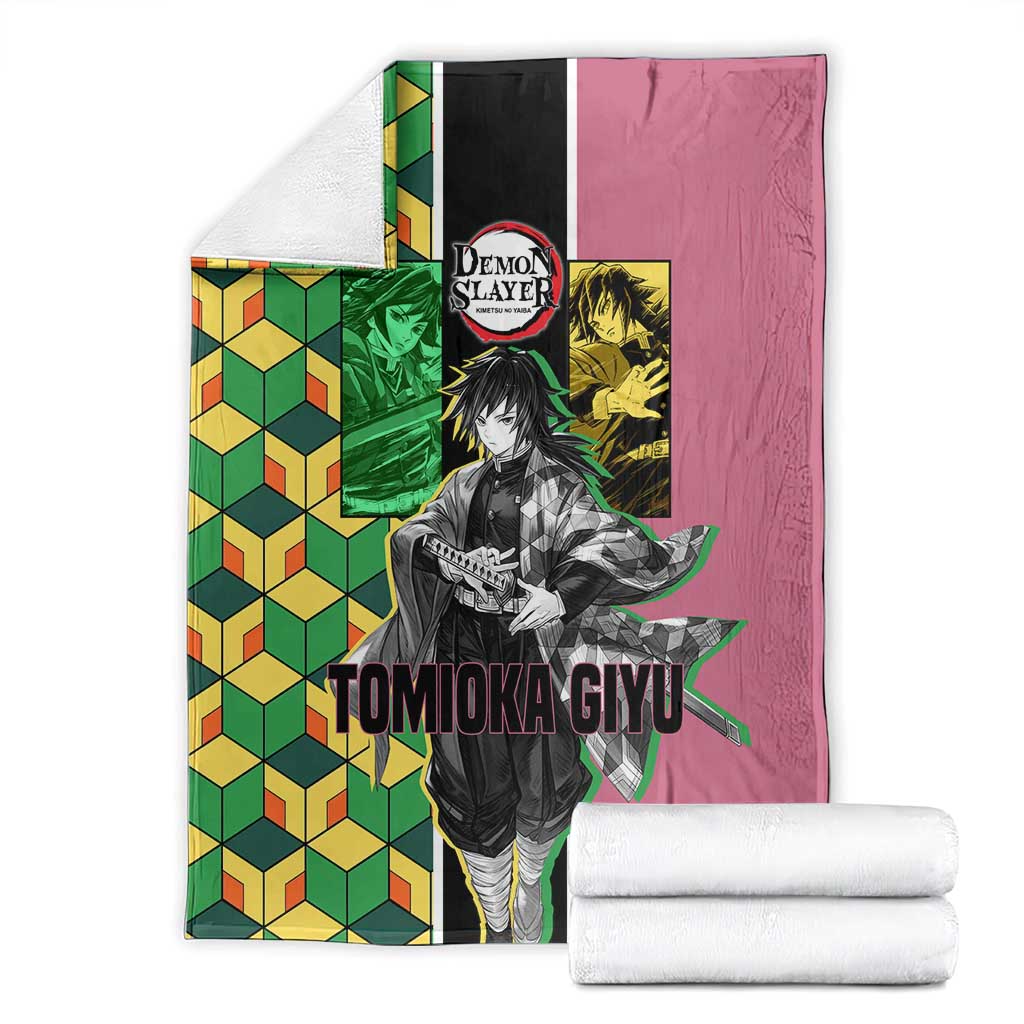 Giyu Tomioka from Demon Slayer Blanket with Geometric Pattern Sleeve and Pink and Black Manga Panel Design - The Mazicc