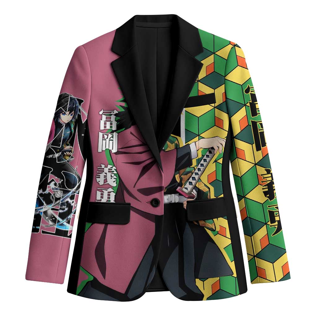 Giyu Tomioka from Demon Slayer Blazer with Geometric Pattern Sleeve and Pink and Black Manga Panel Design - The Mazicc
