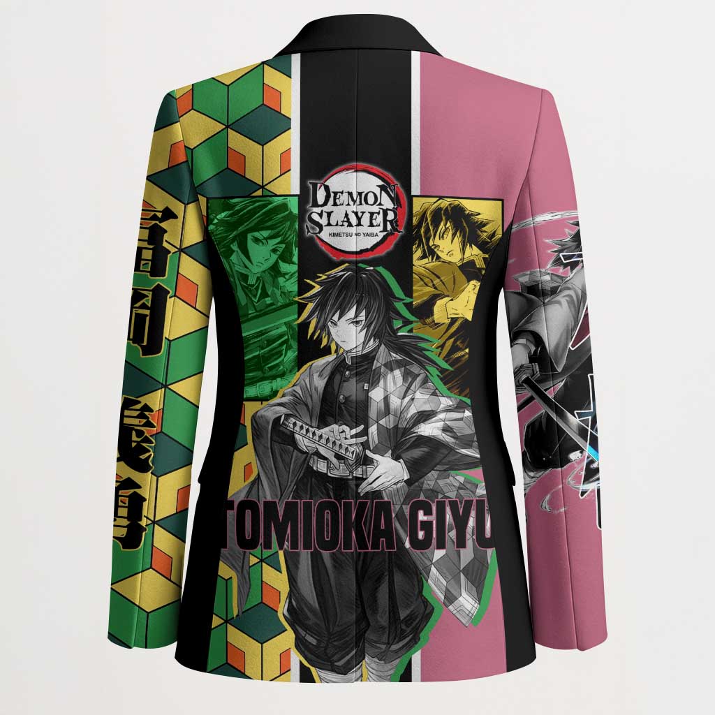 Giyu Tomioka from Demon Slayer Blazer with Geometric Pattern Sleeve and Pink and Black Manga Panel Design - The Mazicc