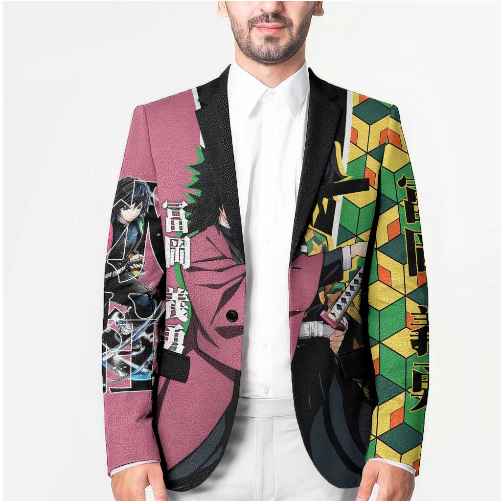 Giyu Tomioka from Demon Slayer Blazer with Geometric Pattern Sleeve and Pink and Black Manga Panel Design - The Mazicc
