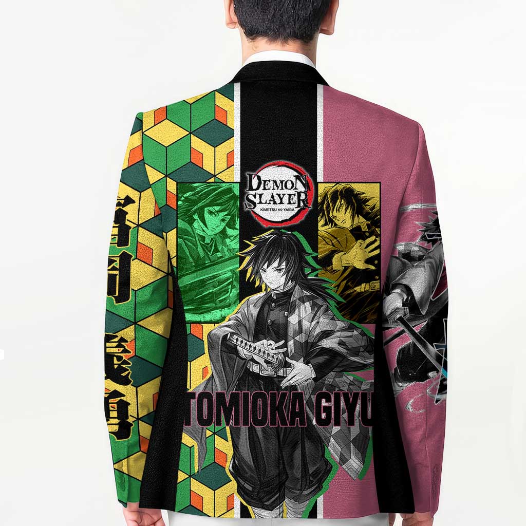 Giyu Tomioka from Demon Slayer Blazer with Geometric Pattern Sleeve and Pink and Black Manga Panel Design - The Mazicc