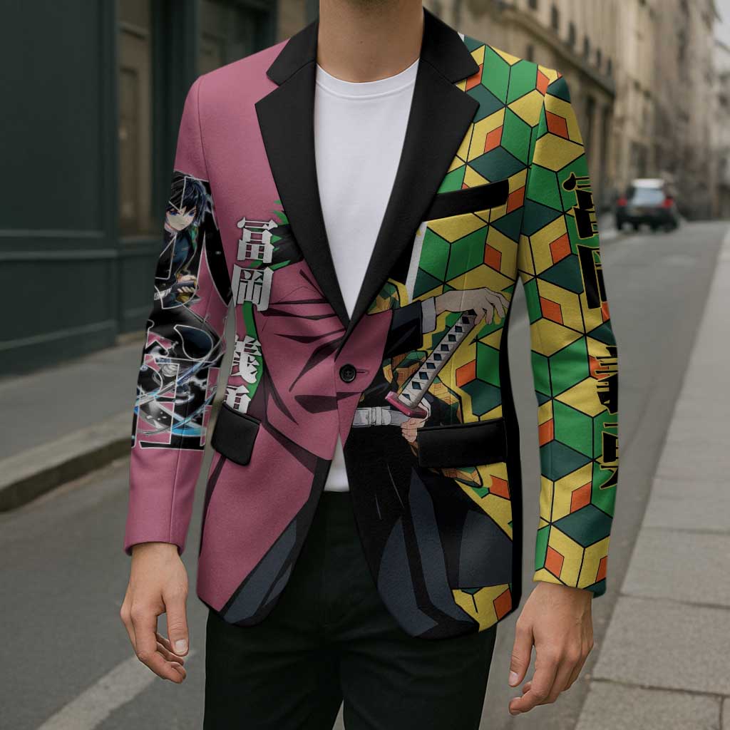 Giyu Tomioka from Demon Slayer Blazer with Geometric Pattern Sleeve and Pink and Black Manga Panel Design - The Mazicc