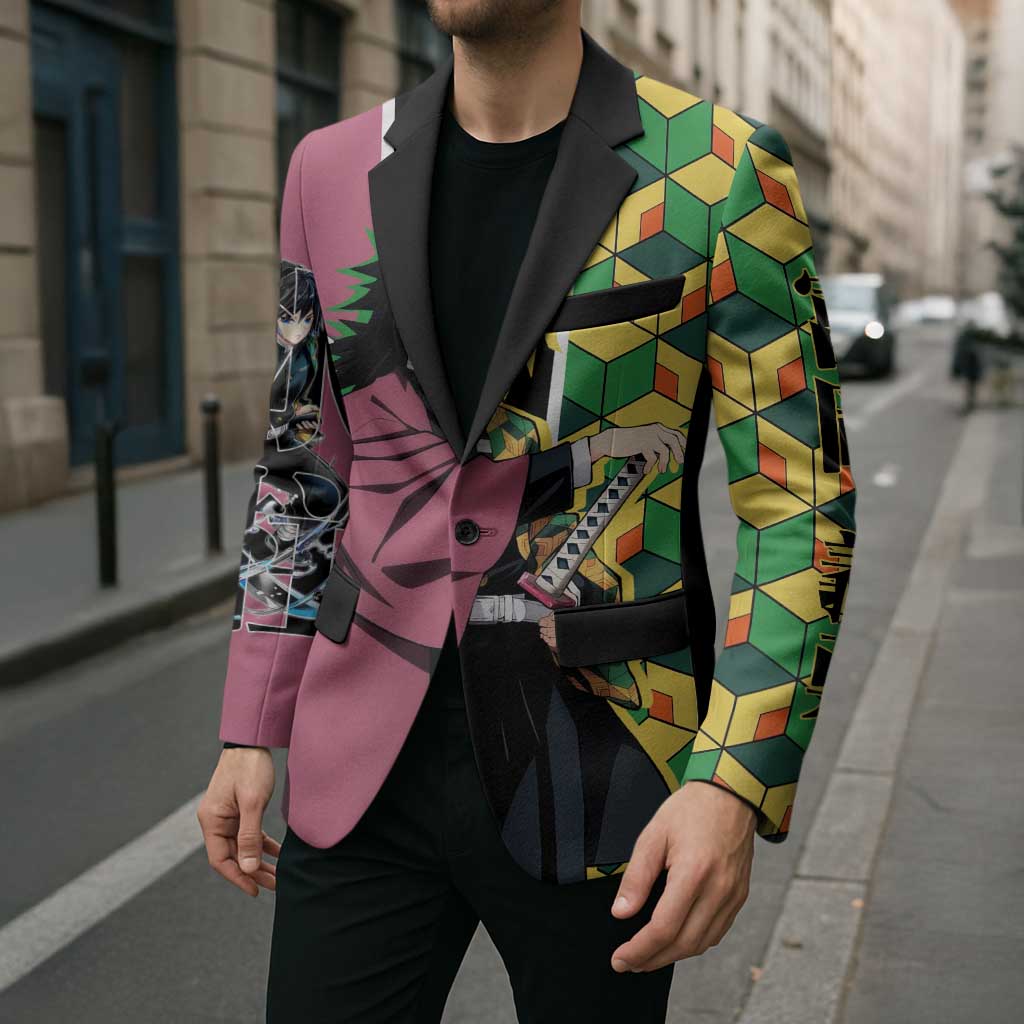 Giyu Tomioka from Demon Slayer Blazer with Geometric Pattern Sleeve and Pink and Black Manga Panel Design - The Mazicc