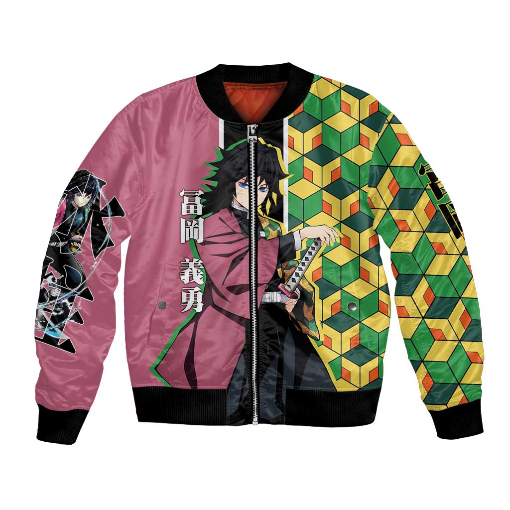 Giyu Tomioka from Demon Slayer Bomber Jacket with Geometric Pattern Sleeve and Pink and Black Manga Panel Design - The Mazicc