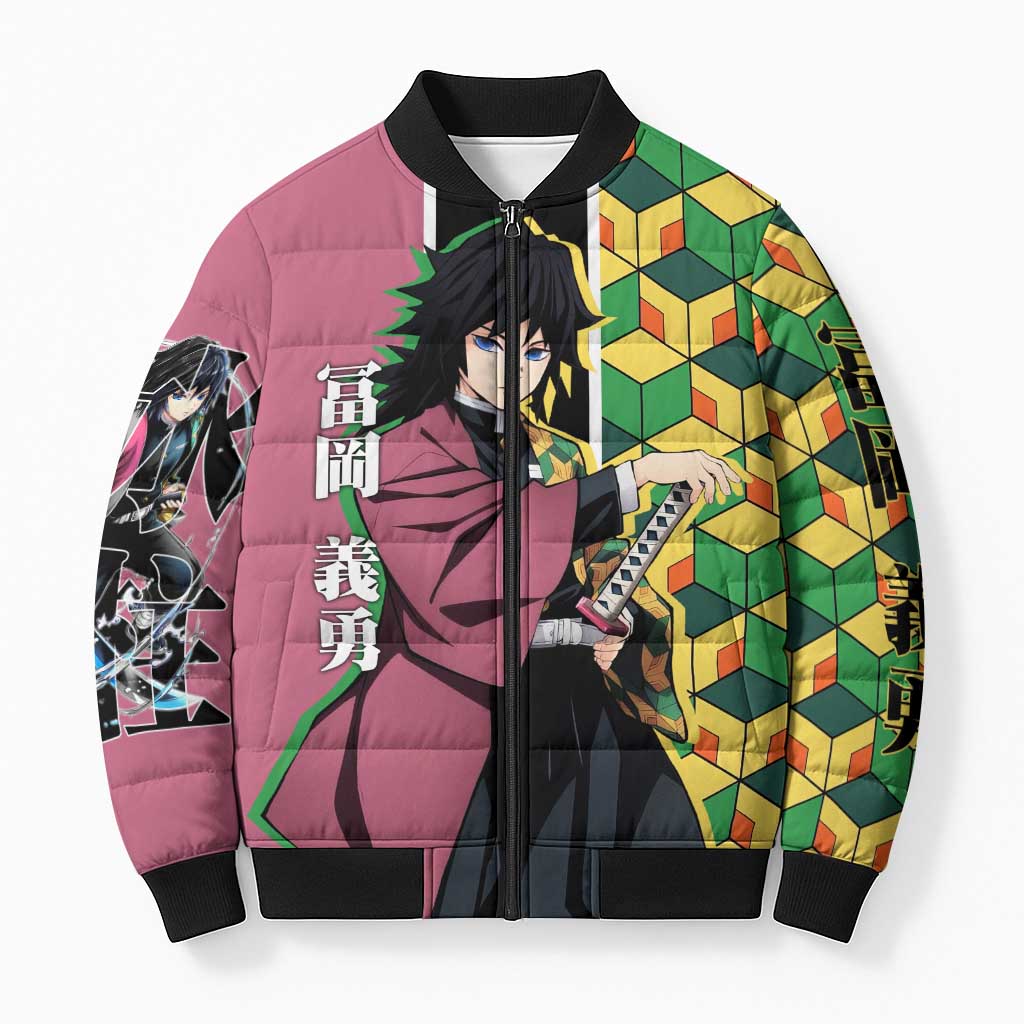 Giyu Tomioka from Demon Slayer Bomber Puffer Jacket with Geometric Pattern Sleeve and Pink and Black Manga Panel Design - The Mazicc