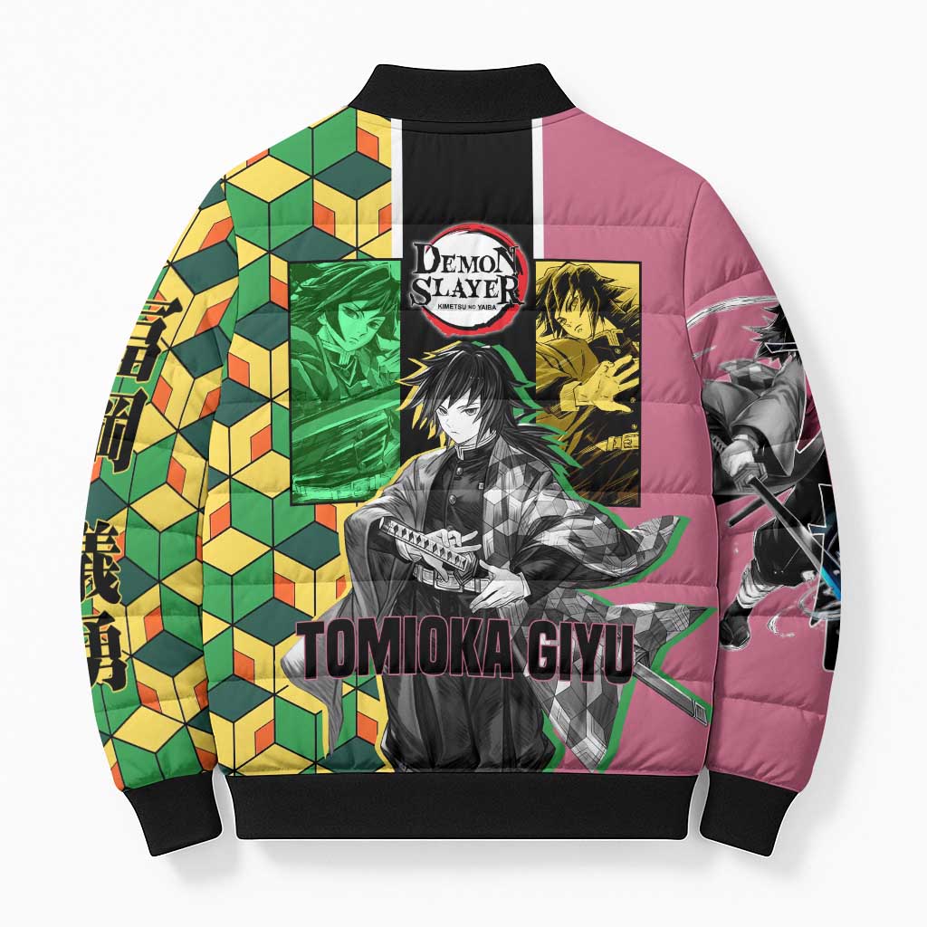 Giyu Tomioka from Demon Slayer Bomber Puffer Jacket with Geometric Pattern Sleeve and Pink and Black Manga Panel Design - The Mazicc