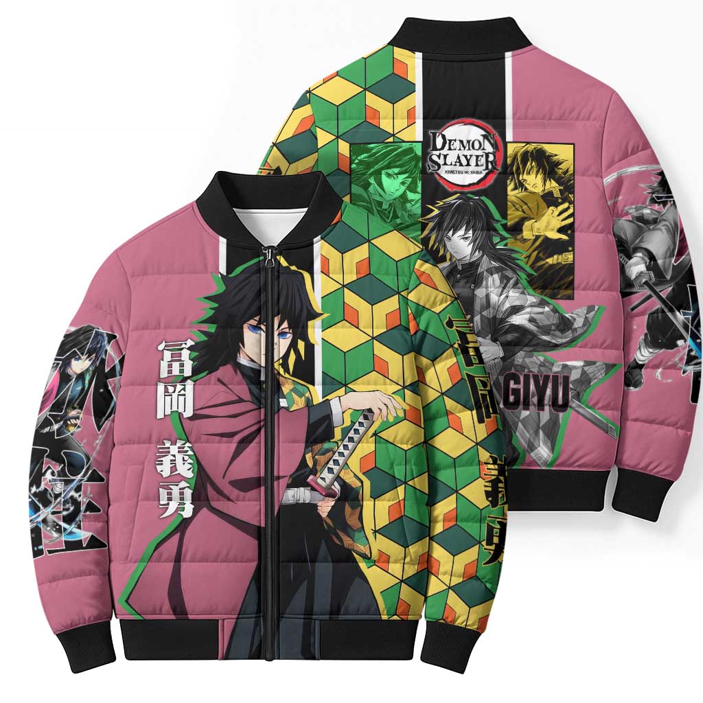 Giyu Tomioka from Demon Slayer Bomber Puffer Jacket with Geometric Pattern Sleeve and Pink and Black Manga Panel Design - The Mazicc