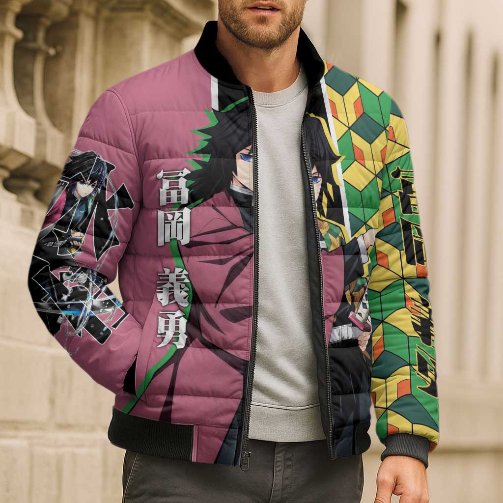 Giyu Tomioka from Demon Slayer Bomber Puffer Jacket with Geometric Pattern Sleeve and Pink and Black Manga Panel Design - The Mazicc