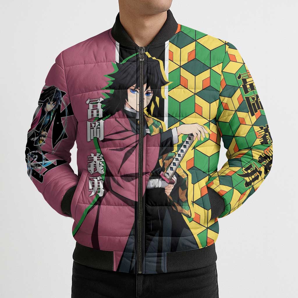 Giyu Tomioka from Demon Slayer Bomber Puffer Jacket with Geometric Pattern Sleeve and Pink and Black Manga Panel Design - The Mazicc