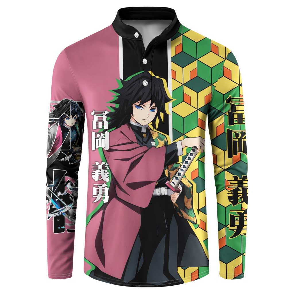 Giyu Tomioka from Demon Slayer Button Sweatshirt with Geometric Pattern Sleeve and Pink and Black Manga Panel Design - The Mazicc