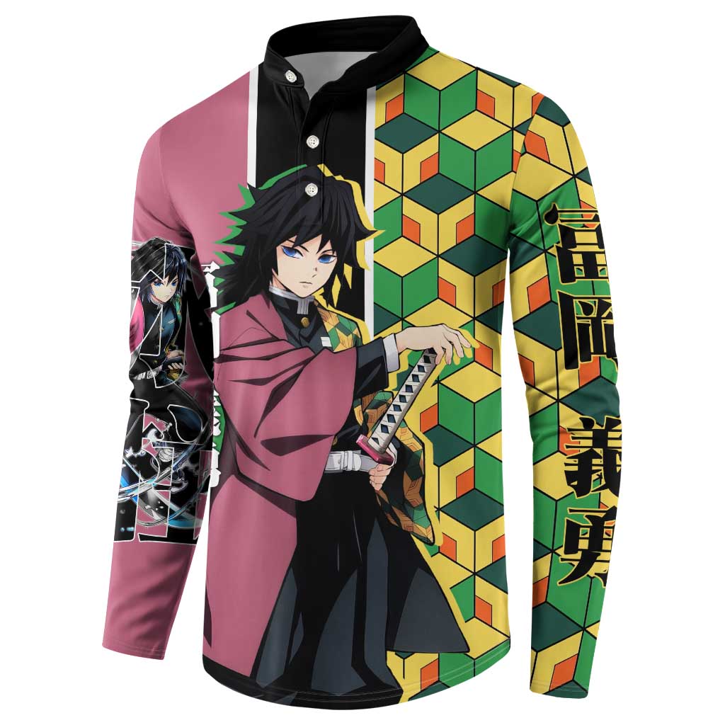 Giyu Tomioka from Demon Slayer Button Sweatshirt with Geometric Pattern Sleeve and Pink and Black Manga Panel Design - The Mazicc
