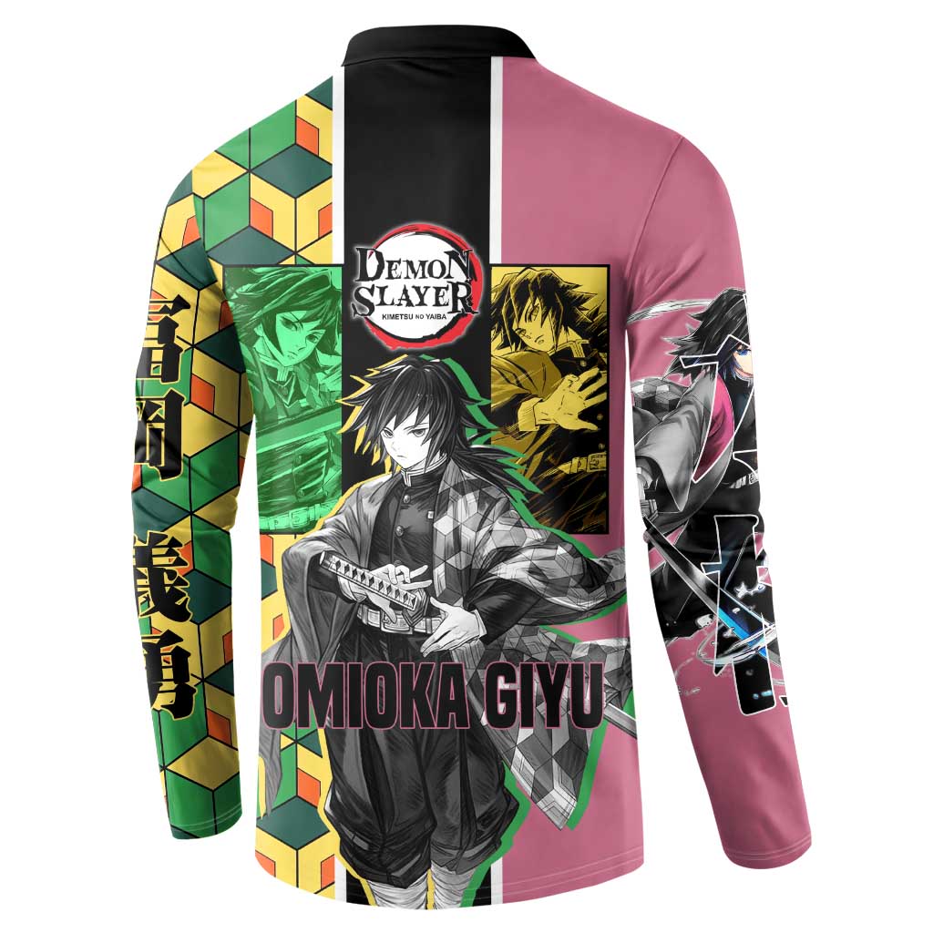 Giyu Tomioka from Demon Slayer Button Sweatshirt with Geometric Pattern Sleeve and Pink and Black Manga Panel Design - The Mazicc