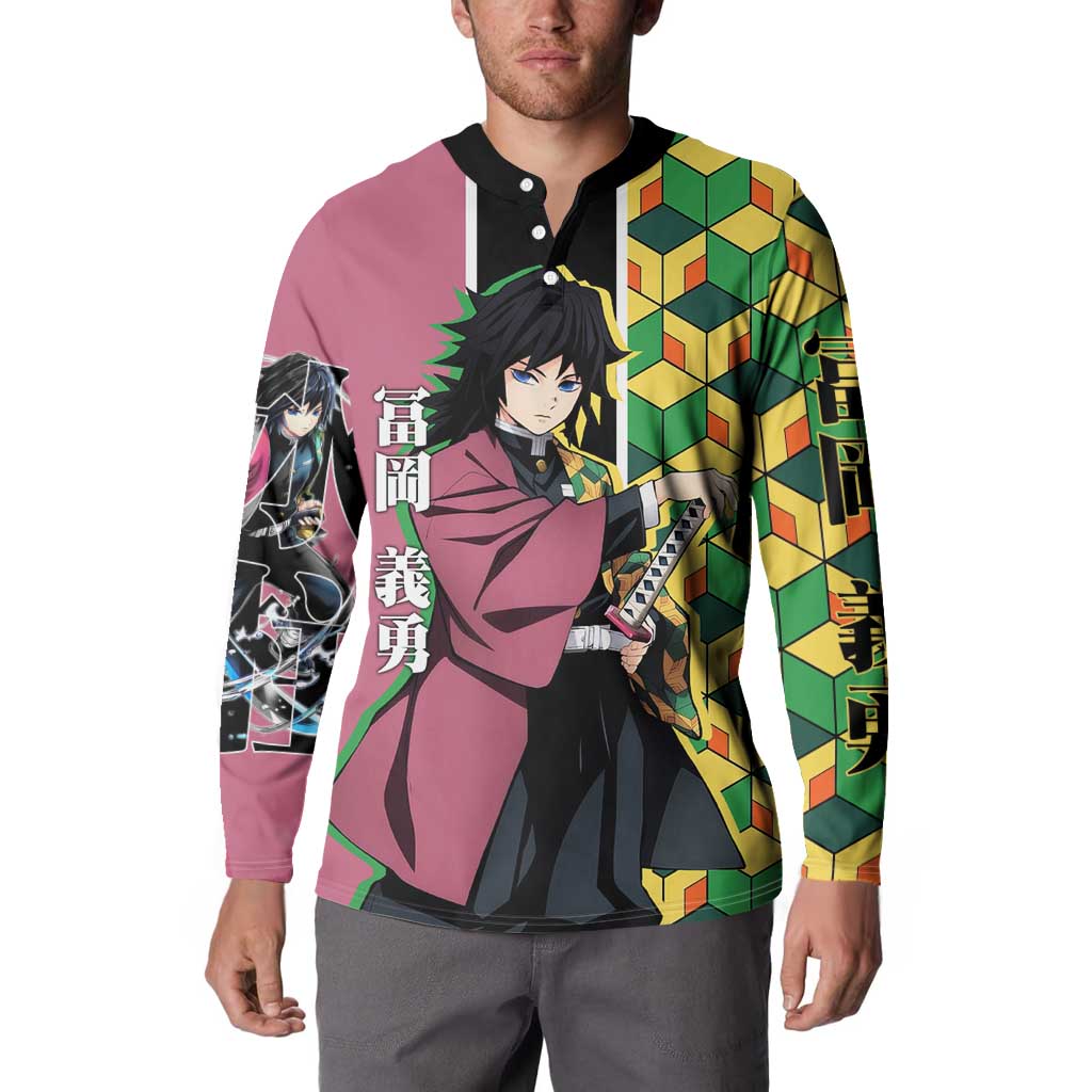 Giyu Tomioka from Demon Slayer Button Sweatshirt with Geometric Pattern Sleeve and Pink and Black Manga Panel Design - The Mazicc