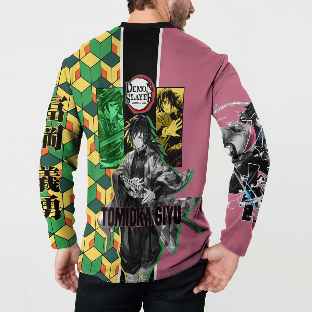 Giyu Tomioka from Demon Slayer Button Sweatshirt with Geometric Pattern Sleeve and Pink and Black Manga Panel Design - The Mazicc