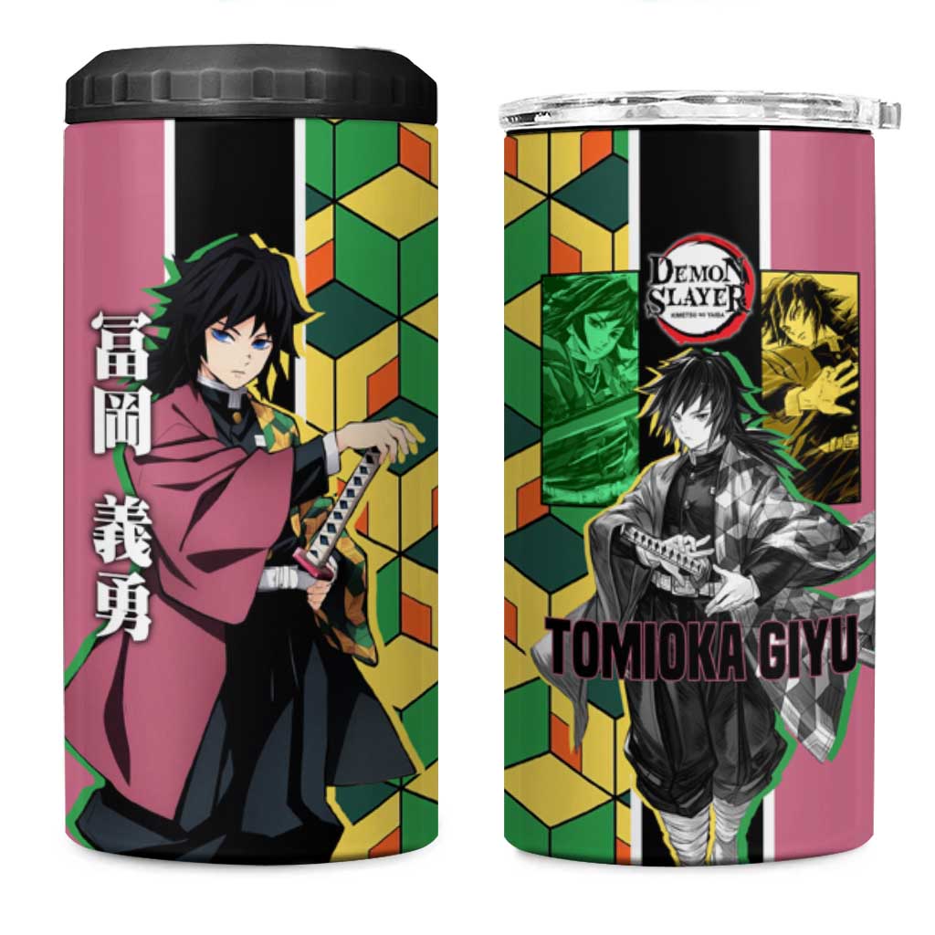 Giyu Tomioka from Demon Slayer 4 in 1 Can Cooler Tumbler with Geometric Pattern Sleeve and Pink and Black Manga Panel Design - The Mazicc
