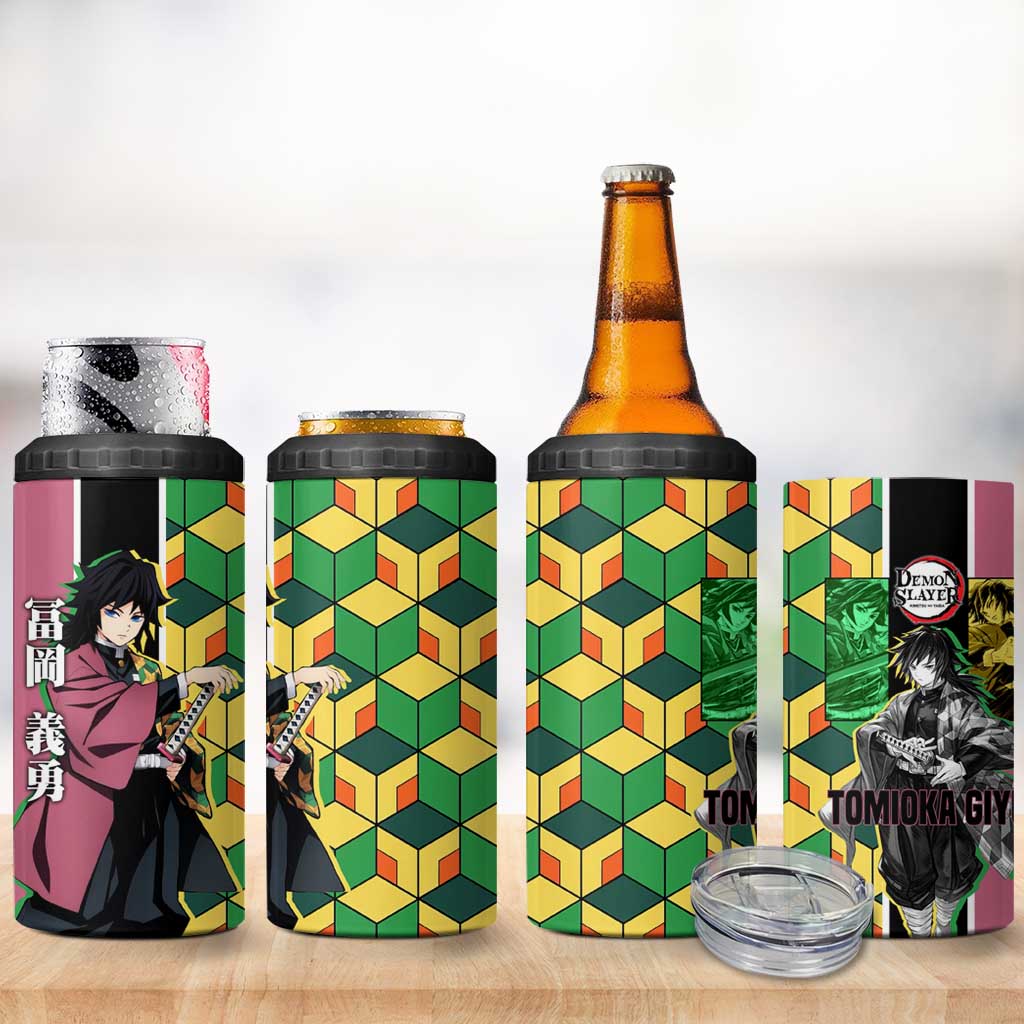 Giyu Tomioka from Demon Slayer 4 in 1 Can Cooler Tumbler with Geometric Pattern Sleeve and Pink and Black Manga Panel Design - The Mazicc