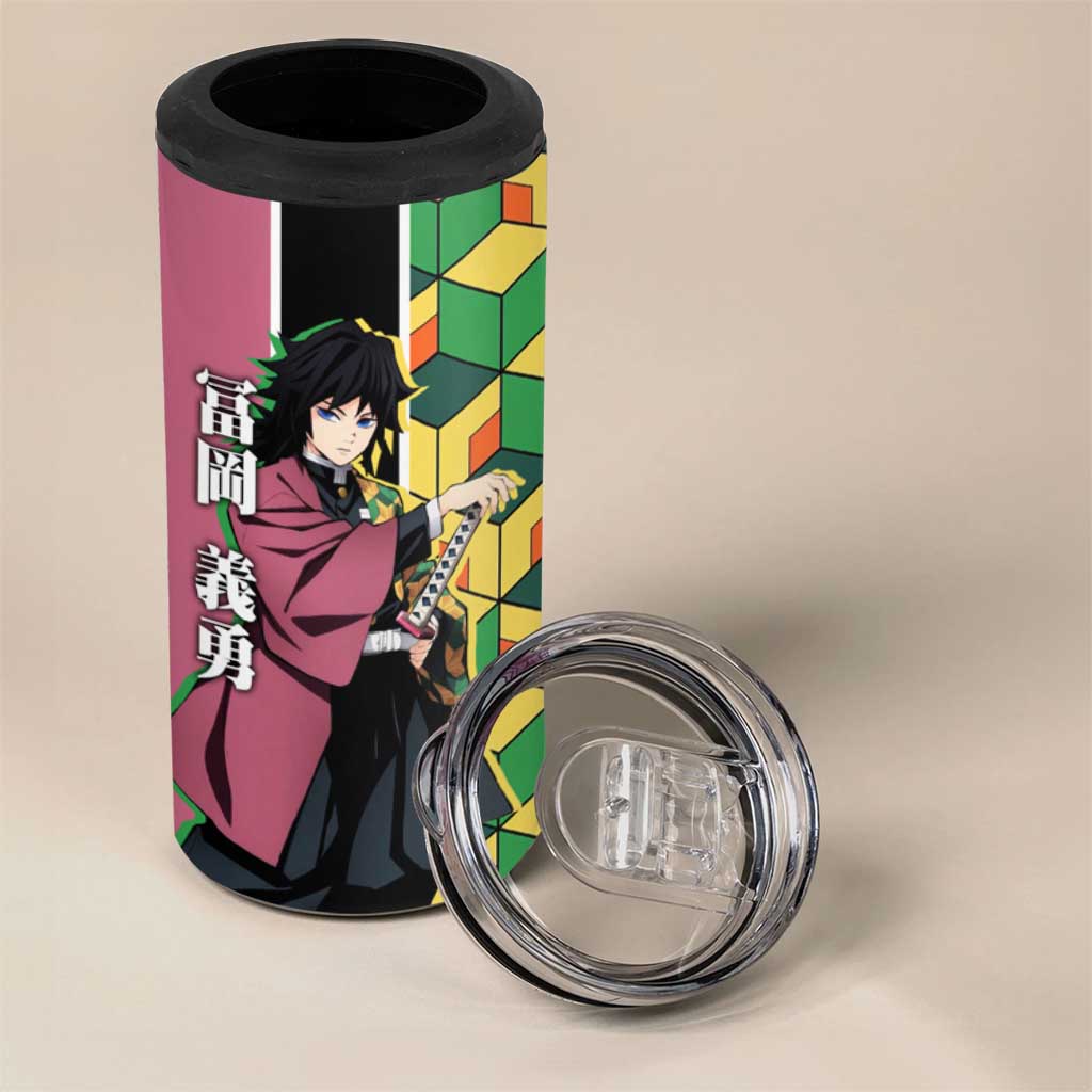 Giyu Tomioka from Demon Slayer 4 in 1 Can Cooler Tumbler with Geometric Pattern Sleeve and Pink and Black Manga Panel Design - The Mazicc