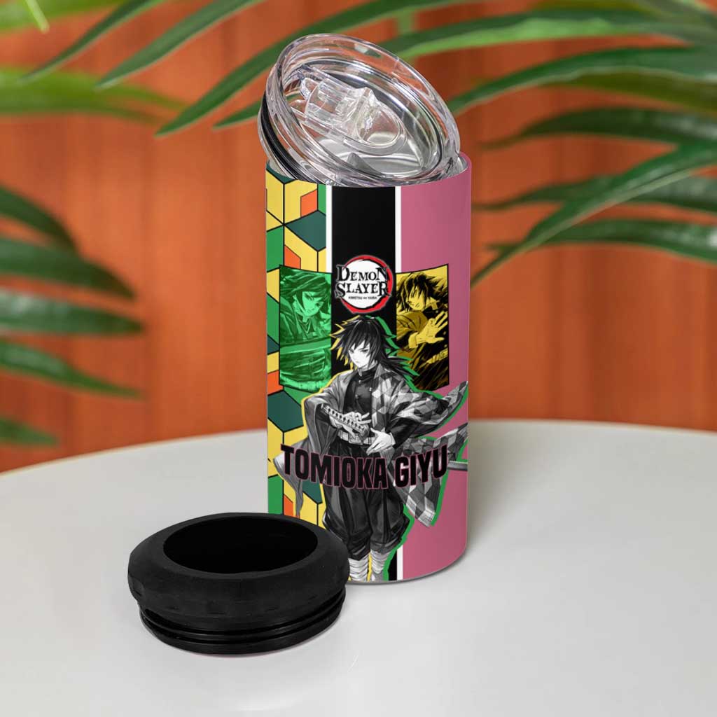 Giyu Tomioka from Demon Slayer 4 in 1 Can Cooler Tumbler with Geometric Pattern Sleeve and Pink and Black Manga Panel Design - The Mazicc