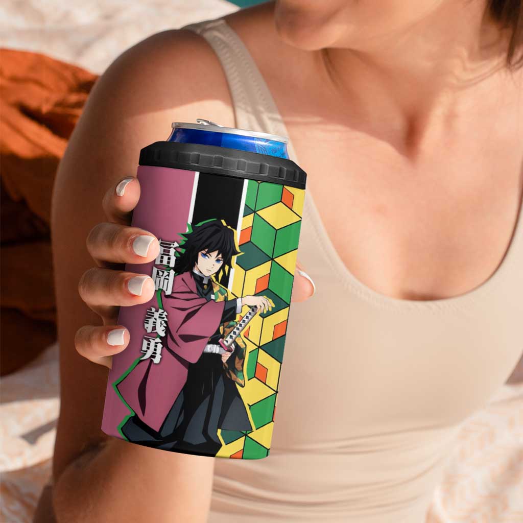 Giyu Tomioka from Demon Slayer 4 in 1 Can Cooler Tumbler with Geometric Pattern Sleeve and Pink and Black Manga Panel Design - The Mazicc