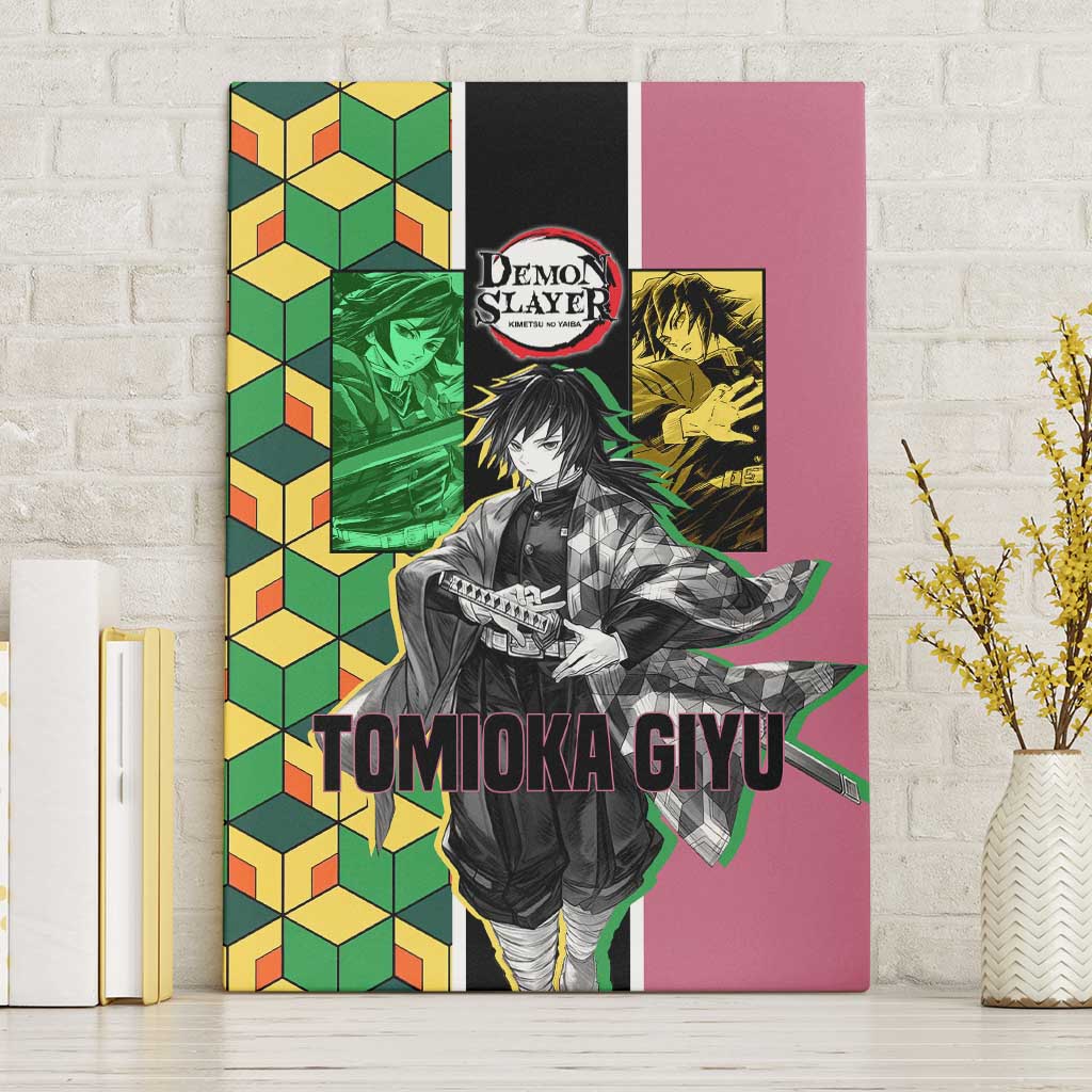 Giyu Tomioka from Demon Slayer Canvas Wall Art with Geometric Pattern Sleeve and Pink and Black Manga Panel Design - The Mazicc