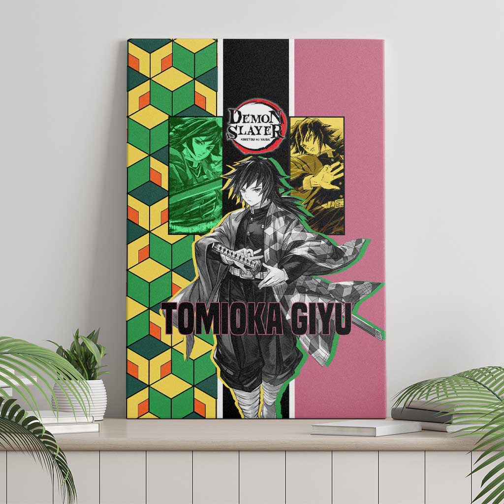 Giyu Tomioka from Demon Slayer Canvas Wall Art with Geometric Pattern Sleeve and Pink and Black Manga Panel Design - The Mazicc