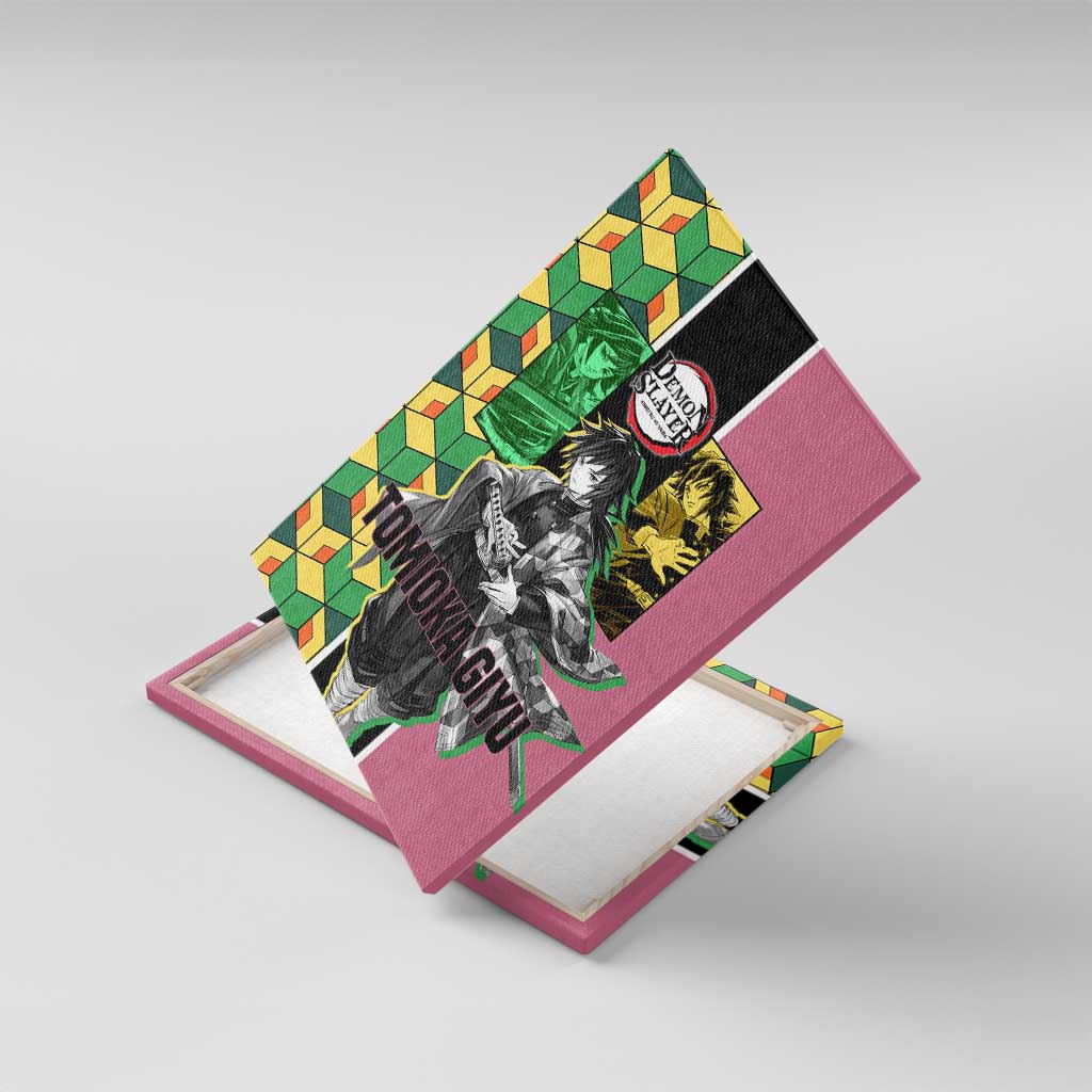 Giyu Tomioka from Demon Slayer Canvas Wall Art with Geometric Pattern Sleeve and Pink and Black Manga Panel Design - The Mazicc