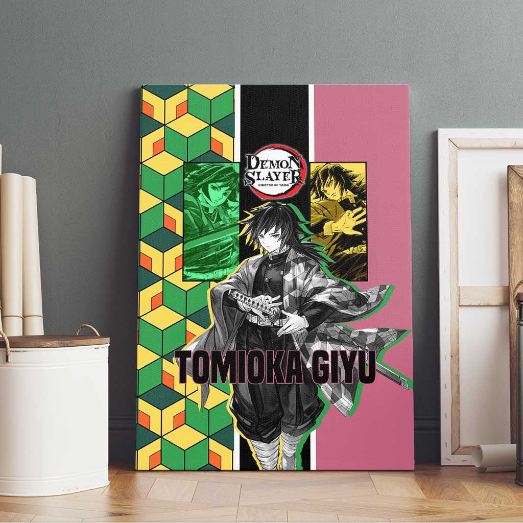 Giyu Tomioka from Demon Slayer Canvas Wall Art with Geometric Pattern Sleeve and Pink and Black Manga Panel Design - The Mazicc