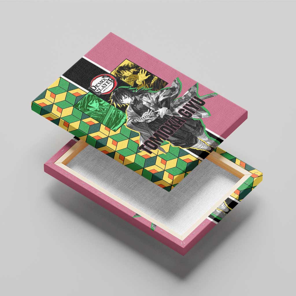 Giyu Tomioka from Demon Slayer Canvas Wall Art with Geometric Pattern Sleeve and Pink and Black Manga Panel Design - The Mazicc