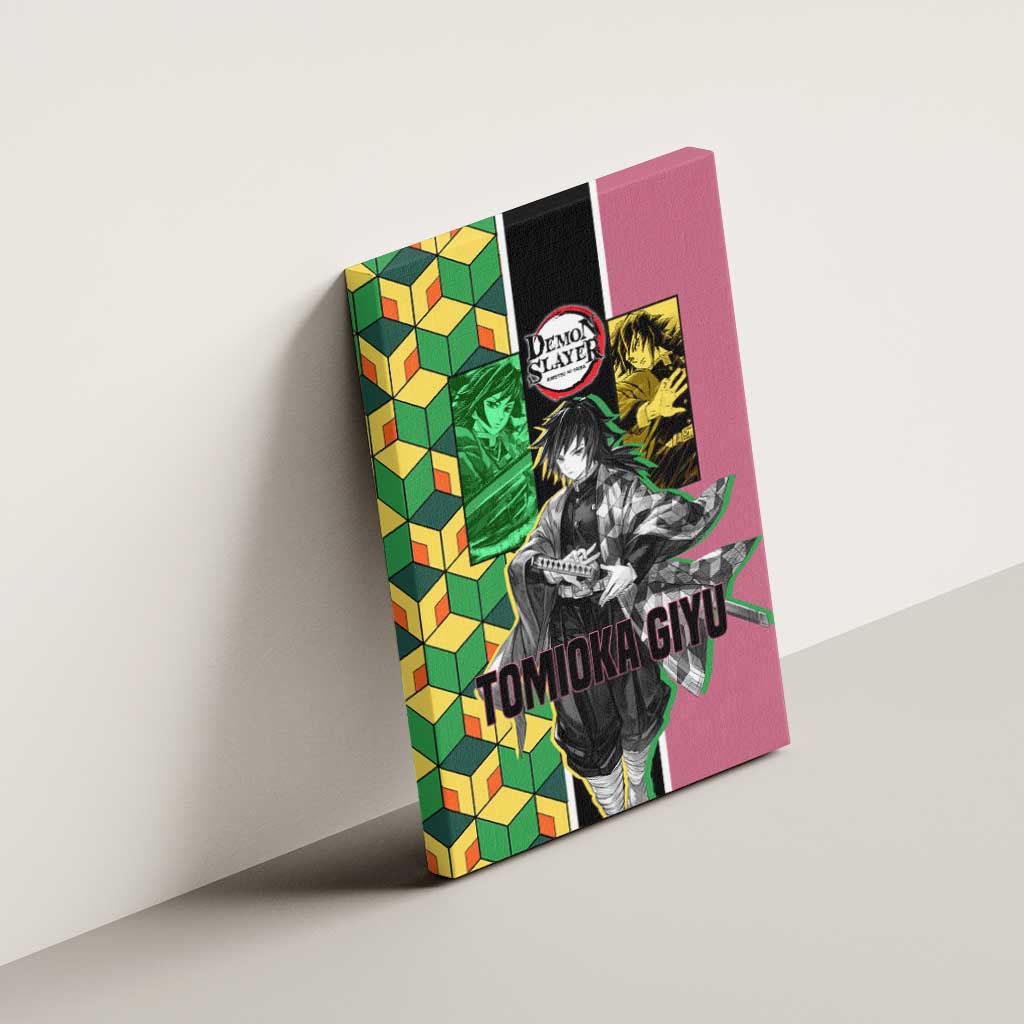 Giyu Tomioka from Demon Slayer Canvas Wall Art with Geometric Pattern Sleeve and Pink and Black Manga Panel Design - The Mazicc