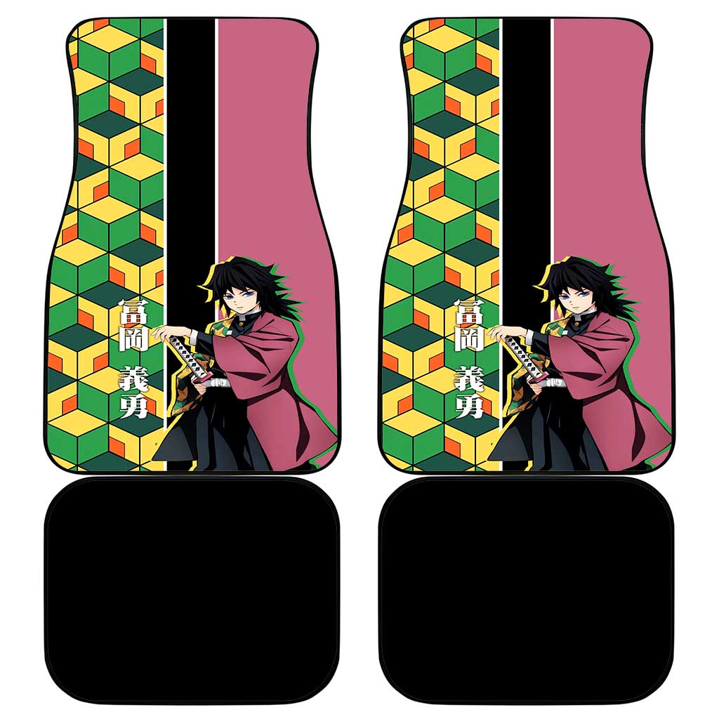 Giyu Tomioka from Demon Slayer Car Mats with Geometric Pattern Sleeve and Pink and Black Manga Panel Design - The Mazicc